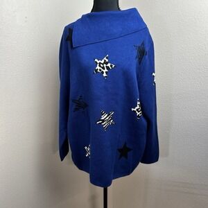 Investments Pullover Sweater Women's PXL Blue Stars‎ Envelope Neck Animal Print